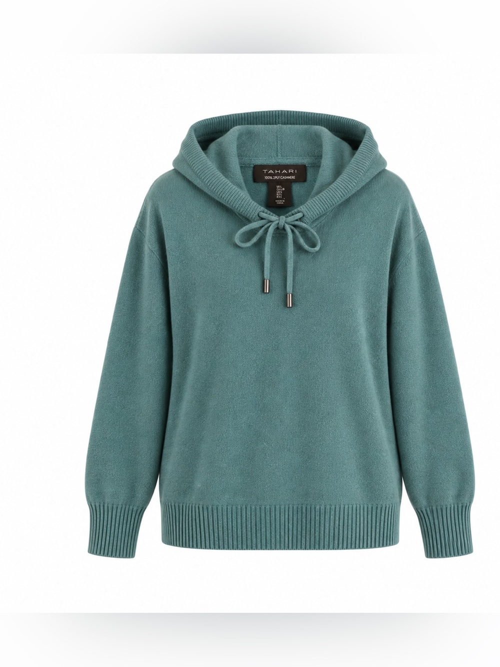 TAHARI 100% 2-Ply Cashmere Hooded Sweater Teal Blue Size L
